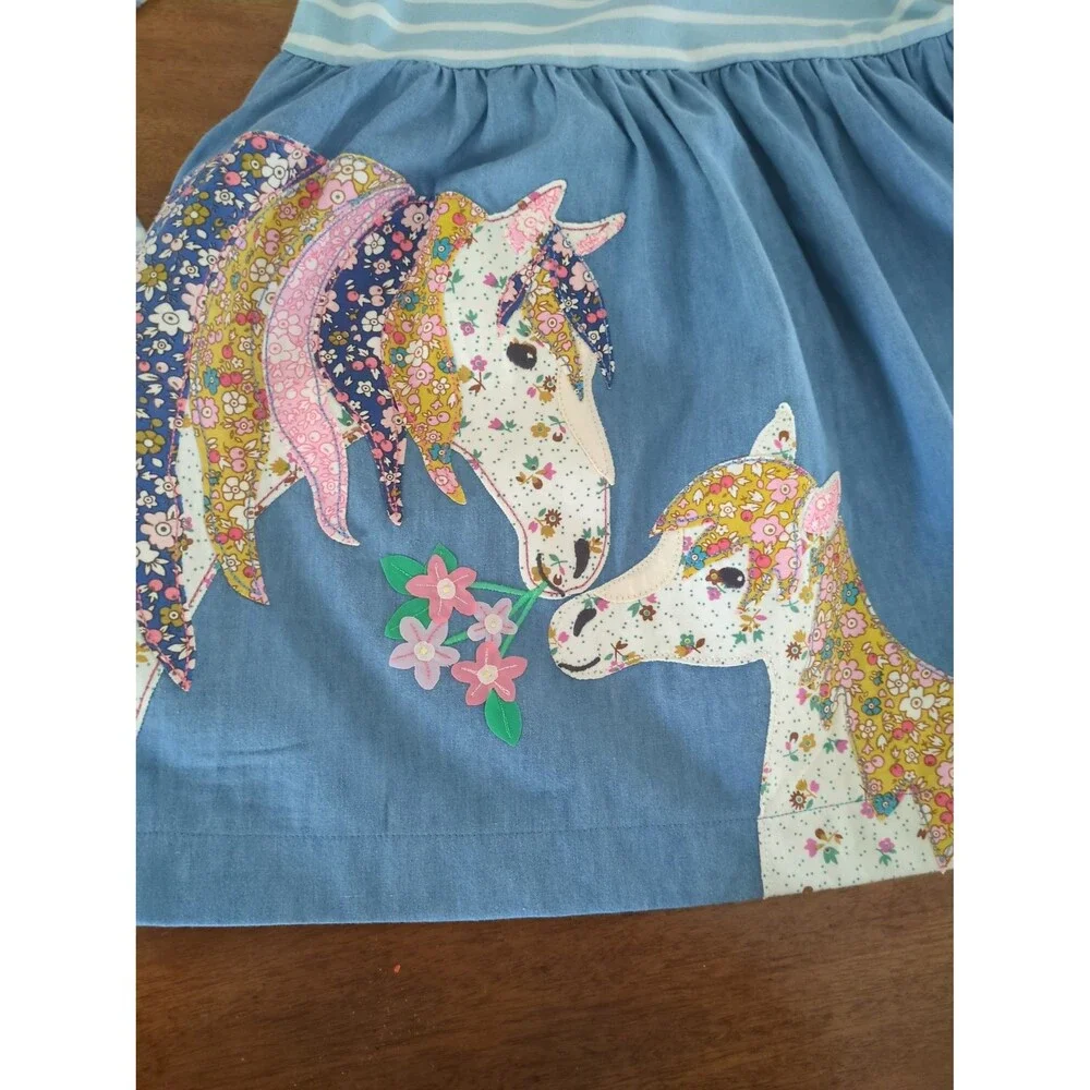 Mini Boden Girls Appliqué Long Sleeve Dress Chambray Blue Horses size 5/6 NWT